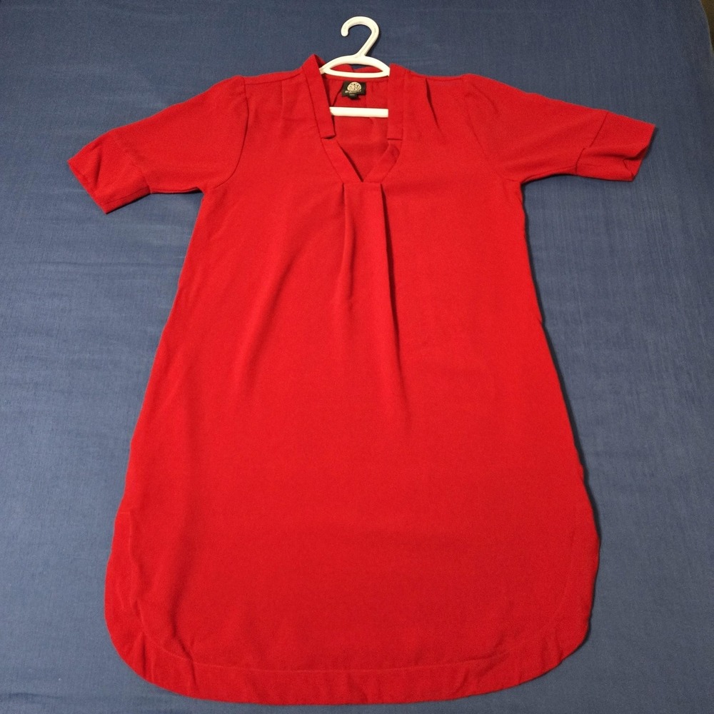 Bobeau Dress Womens Small Petite Red Shift Half Sleeve Pockets V-Neck Tunic